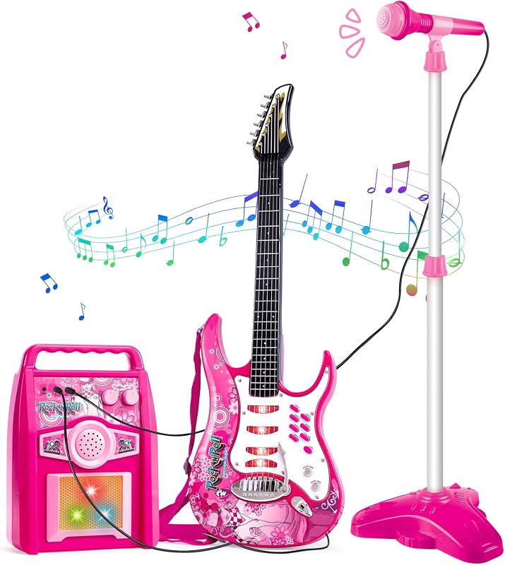 Kids Electric Musical Guitar Toy Set with Mic & Amp,Lights & Sounds | 3-in-1 Music Kit, Adjustable Heigh Mic Stand,AUX Input & 6 Demo Songs,Music Role Play Gift for Kids 3+