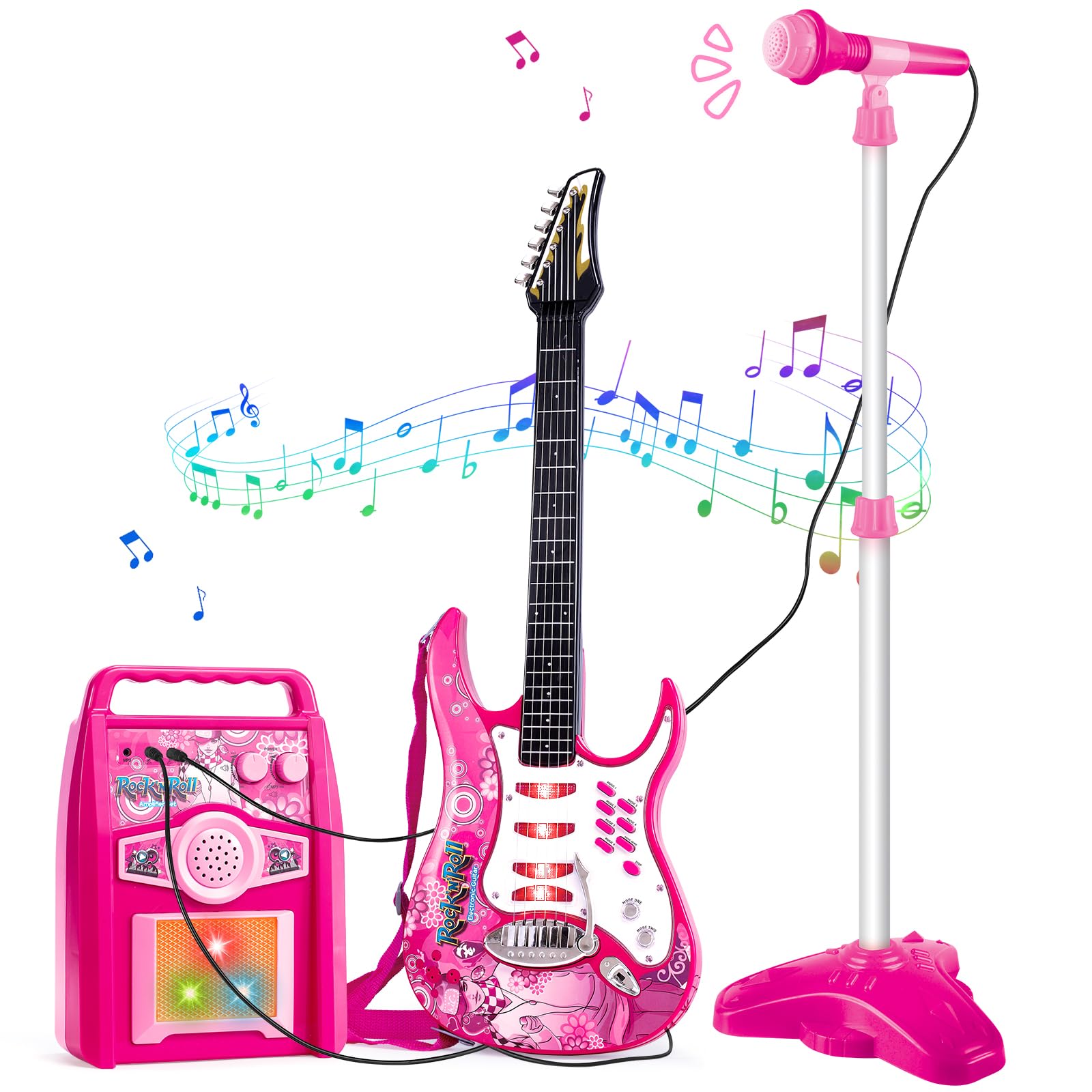 deAO Musical Guitar Play Set,Adjustable Height Microphone,Amplifier Set with Stand,Music Light Karaoke Music Toys Birthday for Kids Boys Girls