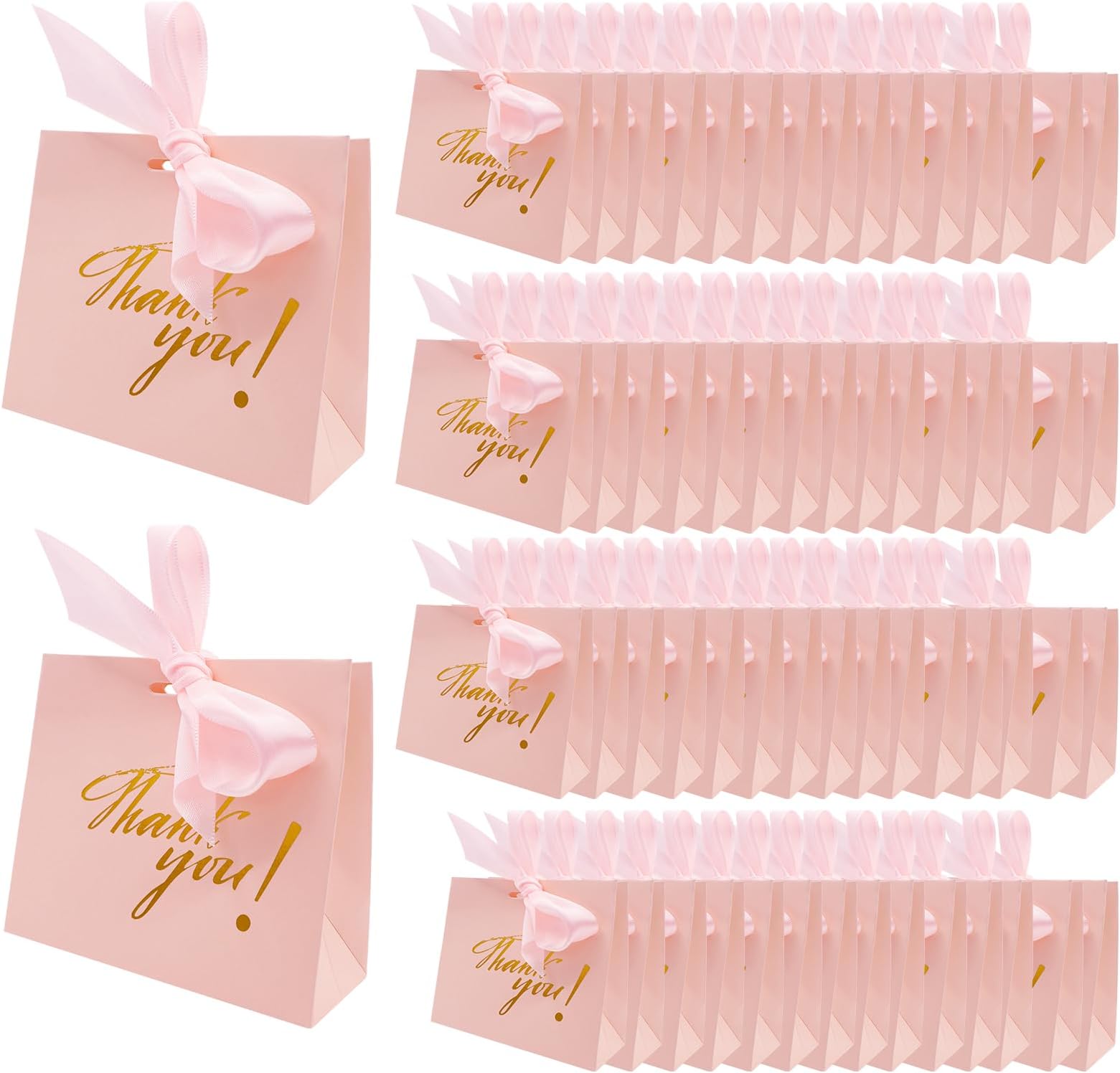 RYKOMORYKOMO 50Pack Small Thank You Gift Bags Pink Gift Bags with Bow Ribbon Paper Party Favor Bags Pink Mini Gift Bags Candy Bags for Baby Shower Wedding Birthday Party Supplies