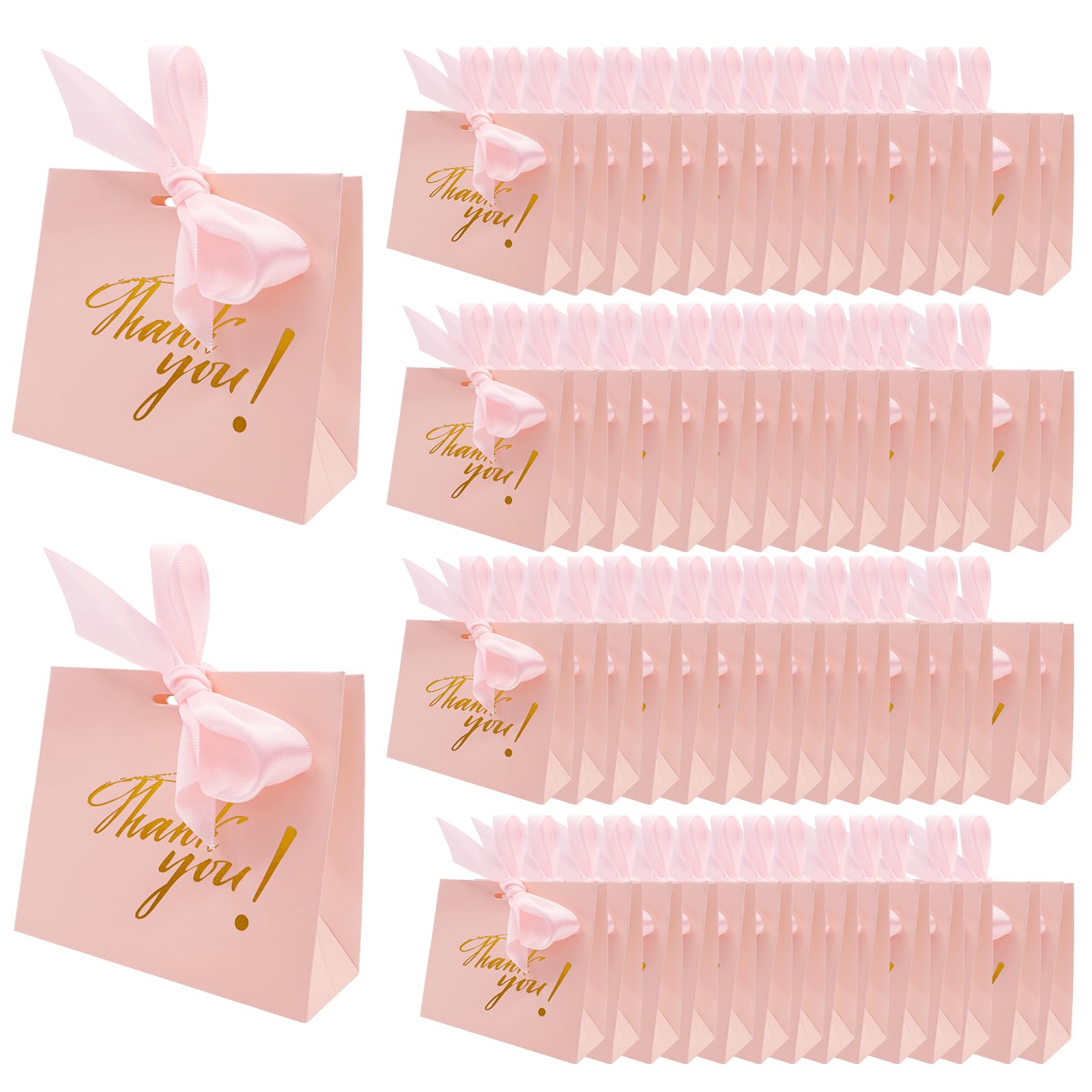 RYKOMORYKOMO 50Pack Small Thank You Gift Bags Pink Gift Bags with Bow Ribbon Paper Party Favor Bags Pink Mini Gift Bags Candy Bags for Baby Shower Wedding Birthday Party Supplies