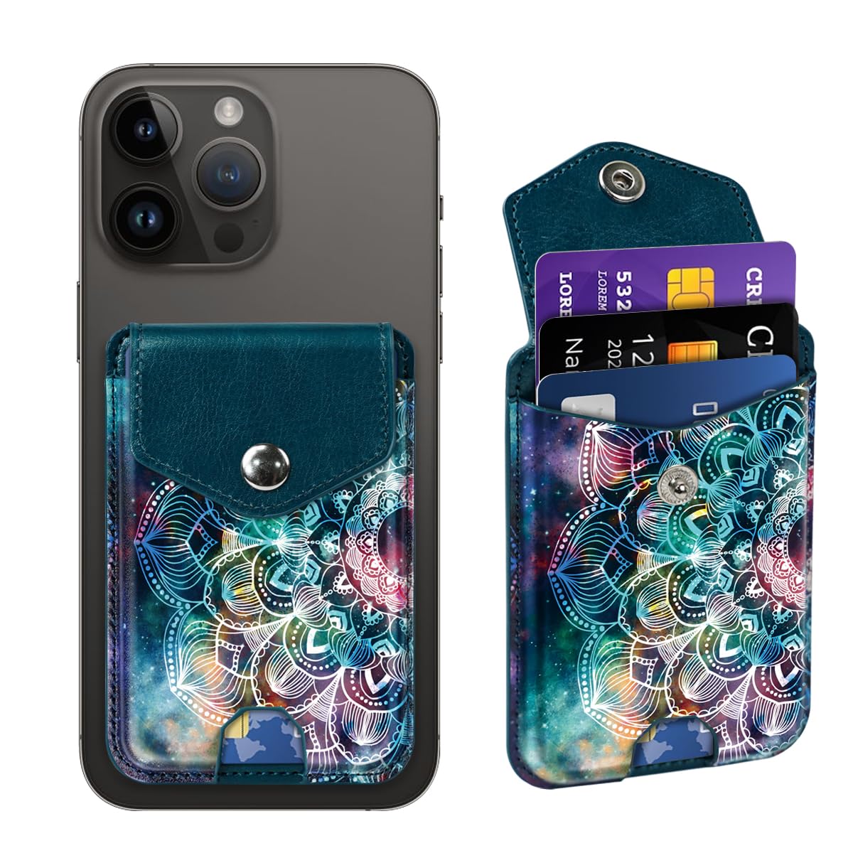 Yiyahu Self Adhesive Card Holders for Back of Phone, Leather RFID Phone Wallet Pockets with Snap, Slim Card Holders Sleeve for Phone Case, Mandala