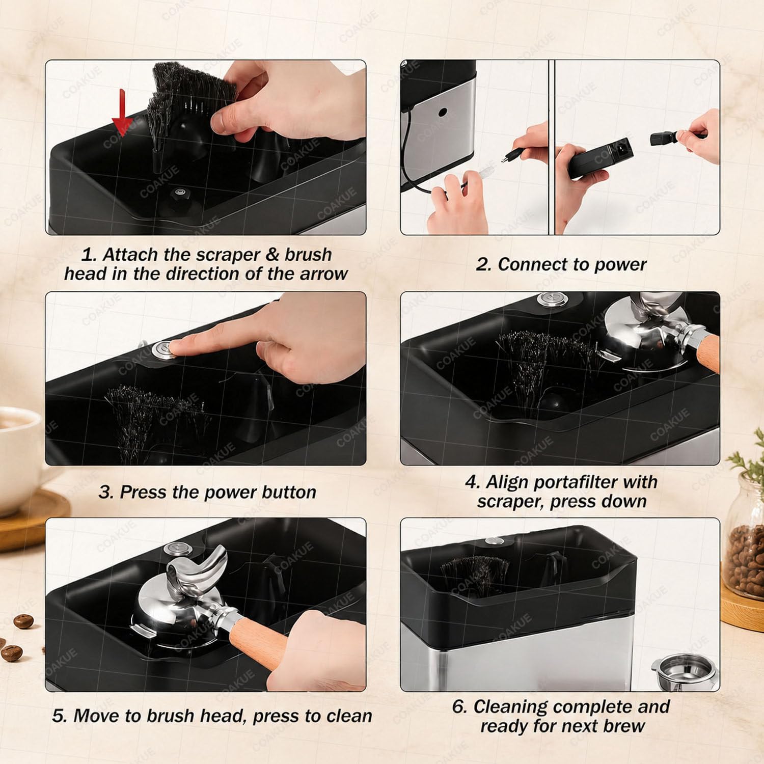 Limpiador eléctrico automático de portafiltros para cestas de 58 mm White | Combina la función de limpiador de pastillas de café espresso y de caja de golpeo, e incluye 2 cabezales de cepillo