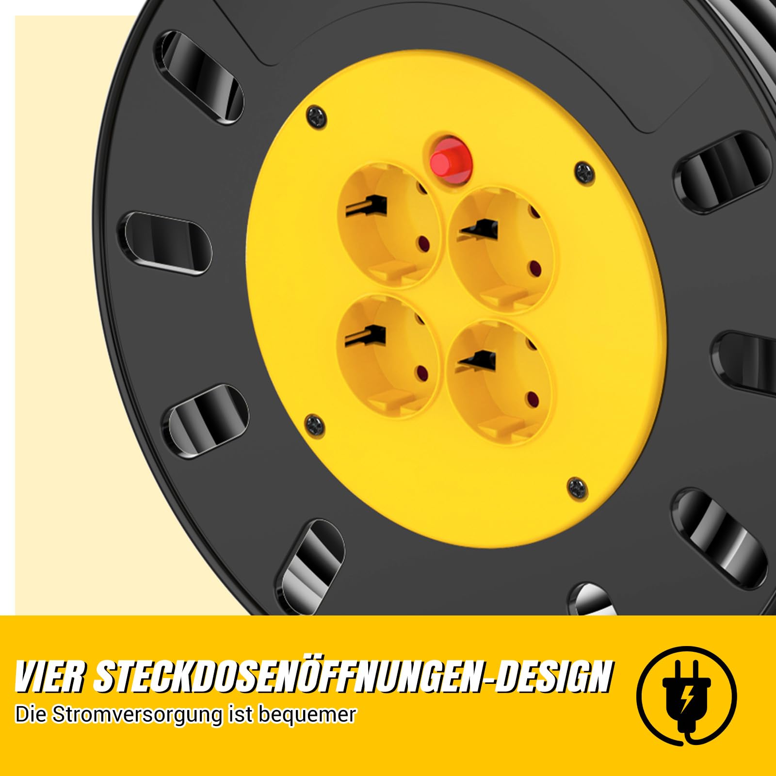 Kabeltrommel Verlängerungskabel 50m, Outdoor Steckdose mit 4 Steckdosen, Automatik Kabeltrommel Verlängerung, Werkstatt Kabelaufroller, Thermoschalter und Kabelhalter, Verlängerungskabel außen