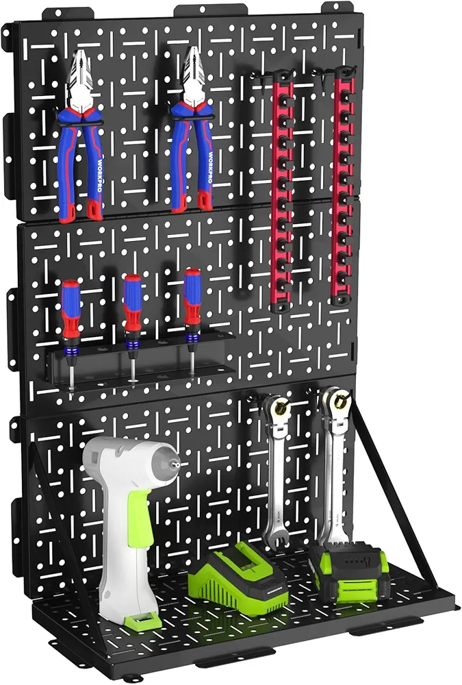 WORKPRO 16”x 16” Metal Peg Board, Foldable Black Pegboard for Wall Organization, Steel Panel with Round Holes & Vertical Slots, Ideal Tool Organizer in Office and Craft Room, 2 Pack