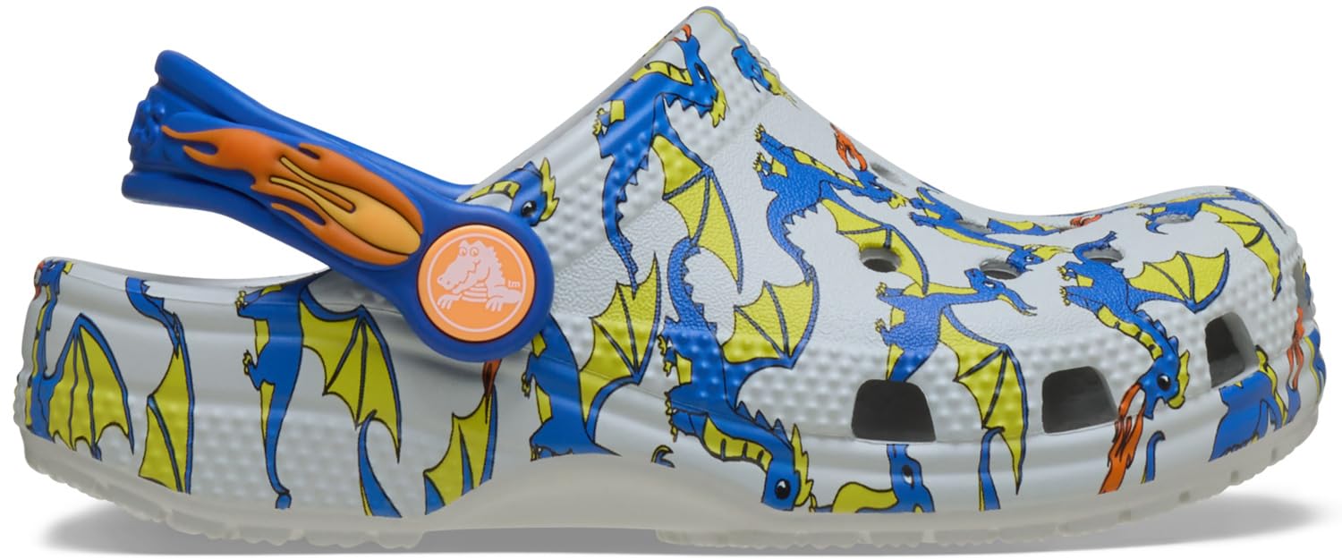 Crocs Classic Dragon Graphic Kids Clog (Grey, Size 7) - Image 1