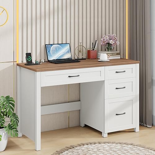 Miniatura 5 de Vabches Farmhouse - Escritorio ejecutivo de 47 pulgadas, escritorio para computadora con cajón de archivos y estación de carga, estación de trabajo