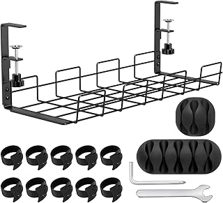 Cable Management Organizer Under Desk,No Drill Desk Cable Holder Management Tray - Clamps Cable Rack Desk Cord Organizer - Wire Management Metal Basket for Office Home Desk Accessories