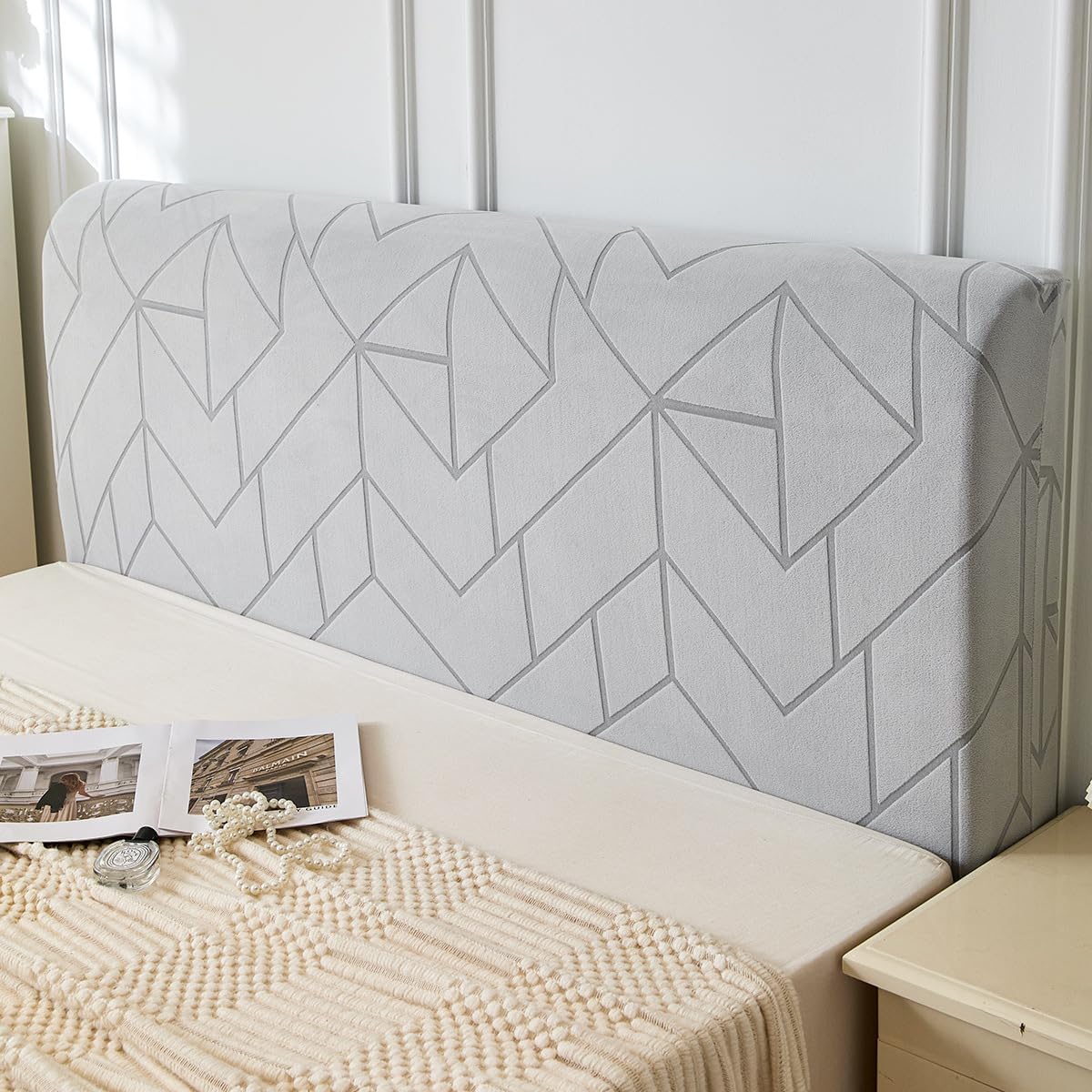 Stretch Headboard Covers Full Queen King Size Bed Headboard Slipcover, Jacquard Bed Head Cover Dustproof Protector for Upholstered Wood Headboard Cover (Geometric - Grey,KING:190-210cm/75-82.6in)