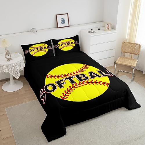 Miniatura 3 de Erosebridal Juego de ropa de cama de béisbol para niños y niñas, edredón de sóftbol matrimonial, edredón amarillo de plumón de sóftbol para