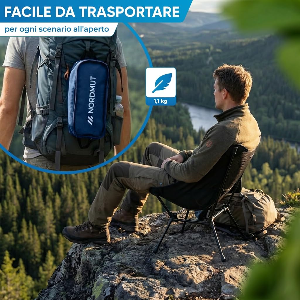 NORDMUT® Sedia da campeggio compatta e ultraleggera – con portata fino a 150 kg – Sedia pieghevole leggera in alluminio per campeggio, outdoor e festival (Blu 1x)
