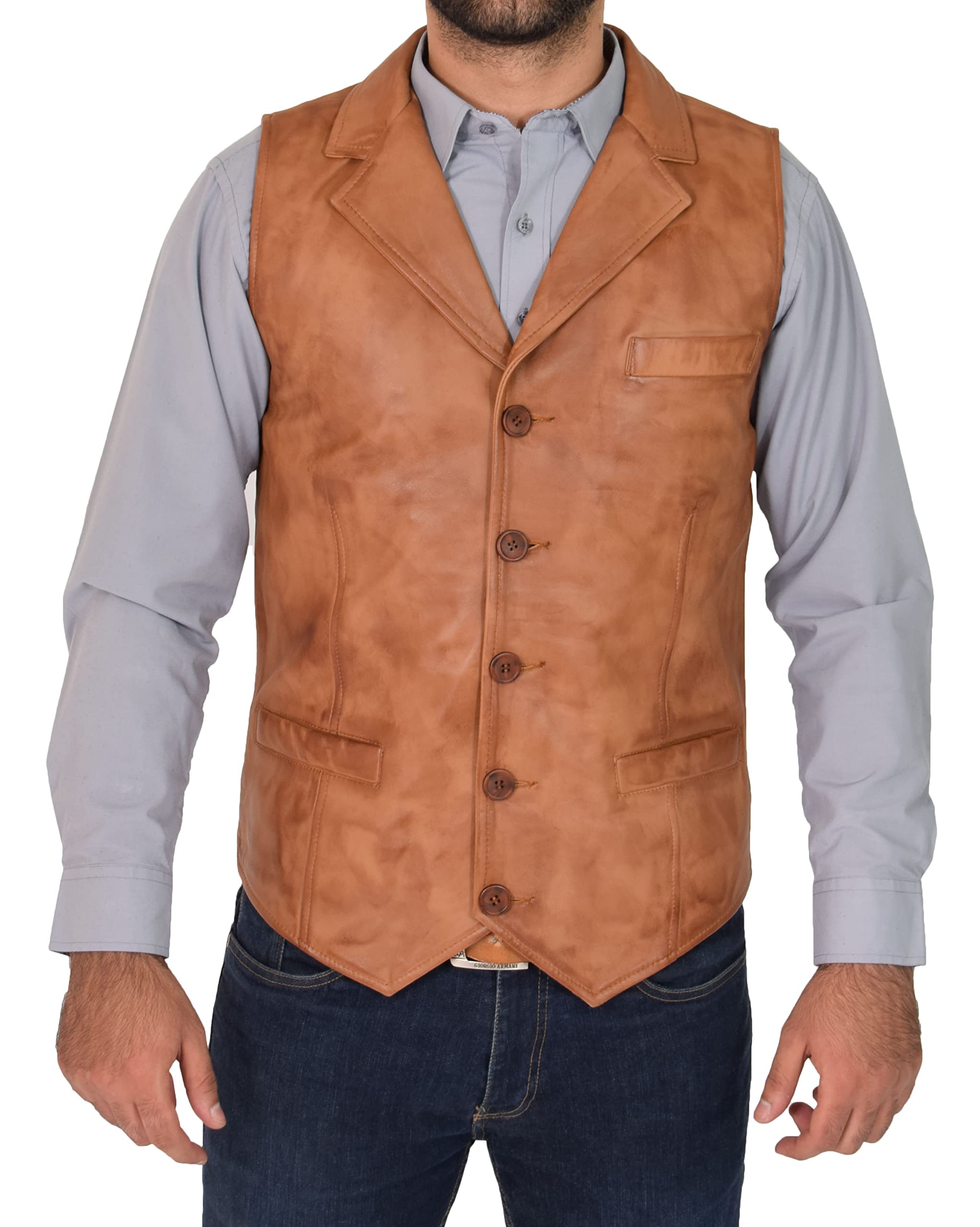 Mens Real Leather Gilet Classic Vest Button Fastening Waistcoat Calvin (3XL, Tan)