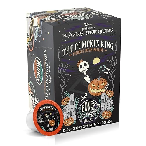 Bones Coffee Company Pumpkin King, Pumpkin Pecan Praline Flavored Coffee Pods, Low Acid Medium Roast Single-Serve Bones Cups for K-Cups Coffee Maker from The Nightmare Before Christmas, 12 Count - Pumpkin Pecan Praline - Medium Roast