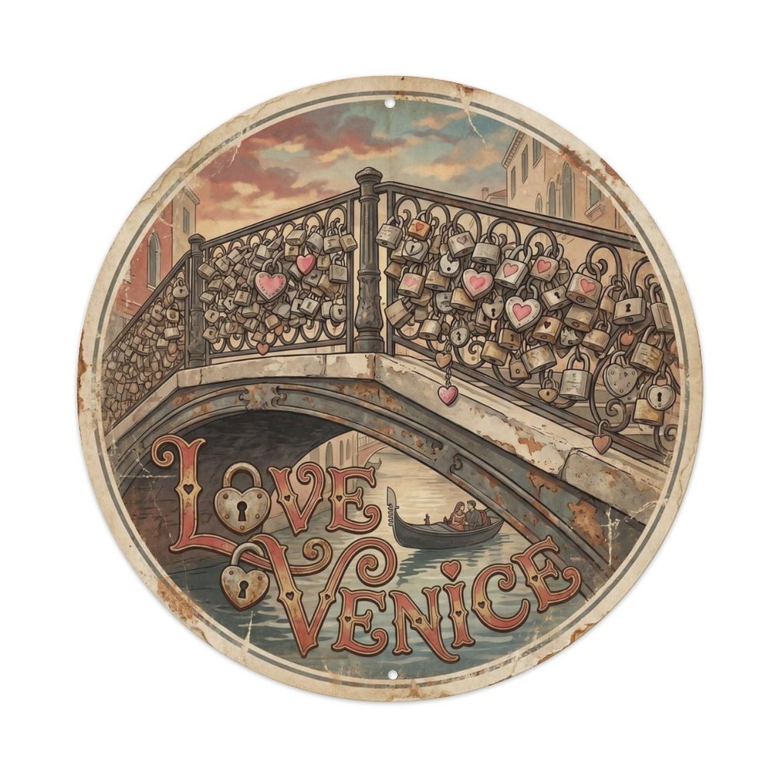 Italian Venice Bridge Lagoon Gondola European Travel Guide Metal Tin Sign Plaque Wall Decor for Cafe, Man Cave, Club Bar, Office, Home Garden Round Metal Poster 8x8Inch