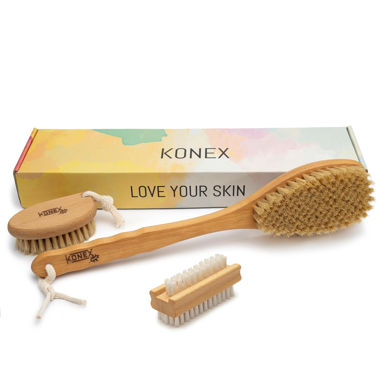 Konex Premium Nail and Skin Care Set (Dry Massage Brush Set and Two-Sided Hand and Nail Brush)