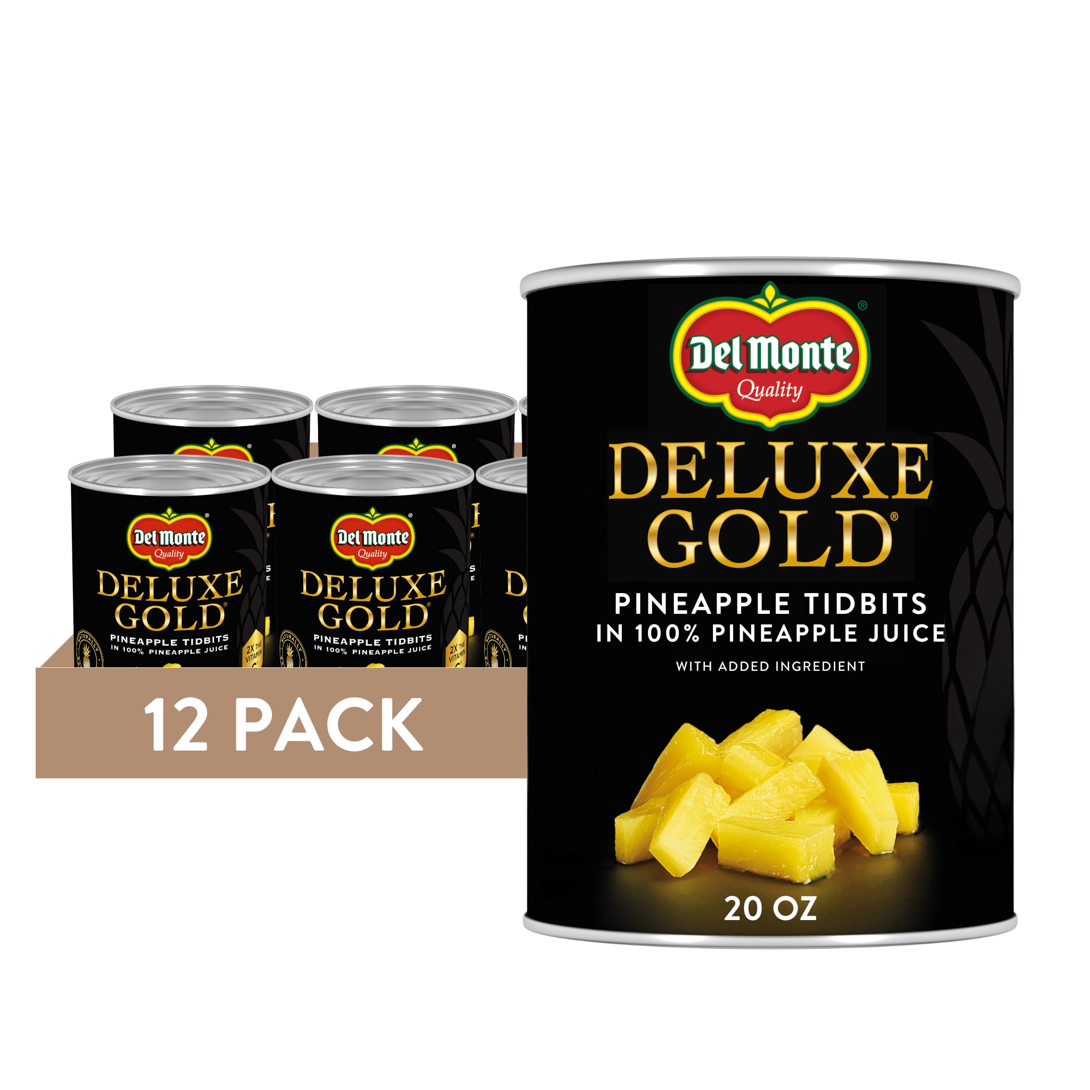 Del Monte Deluxe Gold Pineapple Tidbits in 100% Pineapple Juice, 20 oz Can (Pack of 12), Canned Fruit