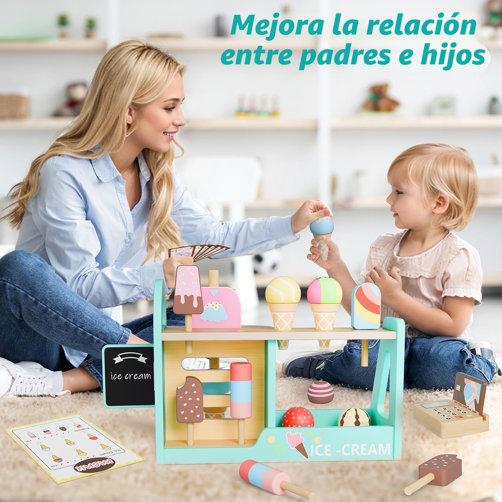Heladeria Juguete, Heladería de Madera, Cocinita Infantil Tienda de Helados Accesorios de Cocina con Comiditas de Juguete & Dinero para Jugar, Regalo para Niños Y Niñas de 3 Anos Y Más
