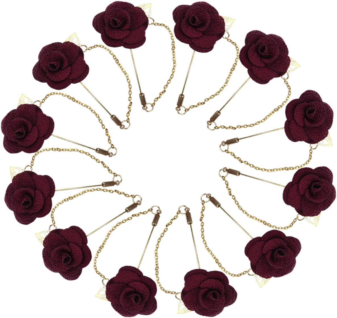 SanrichMen's Lapel Pins Brooch Satin Rose Flower Boutonniere with Gold Leaf 12 Pack Groom Wedding Funeral Church Suit Brooch Outfit Accessories (Wine Red)