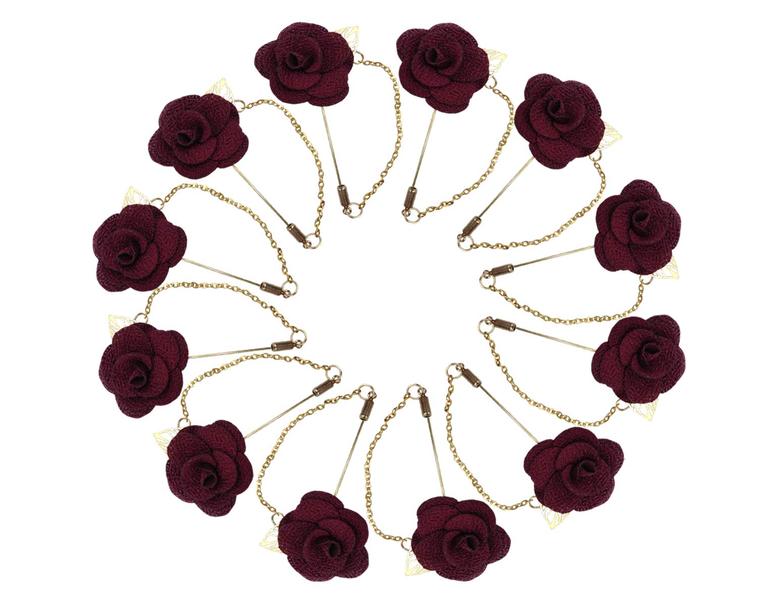 SanrichMen's Lapel Pins Brooch Satin Rose Flower Boutonniere with Gold Leaf 12 Pack Groom Wedding Funeral Church Suit Brooch Outfit Accessories (Wine Red)