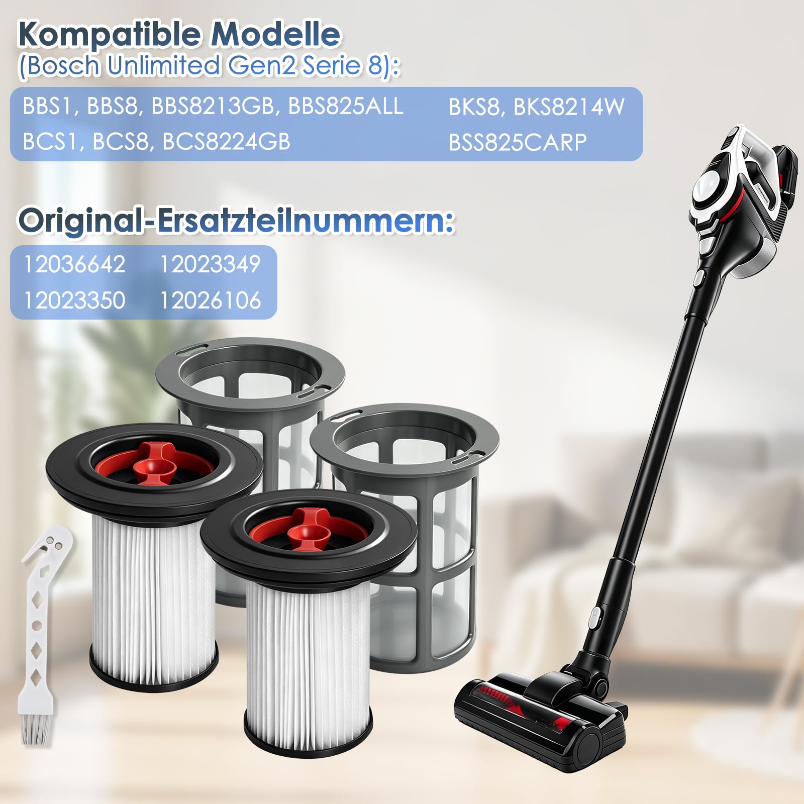 Zestaw 2 filtrów zamiennych do Bosch Unlimited Gen2 Series 8 – zawiera 2 x filtr HEPA, 2 x ochrona przed kłaczkami + szczotka do czyszczenia, kompatybilny z Bosch 12036642, 12023349