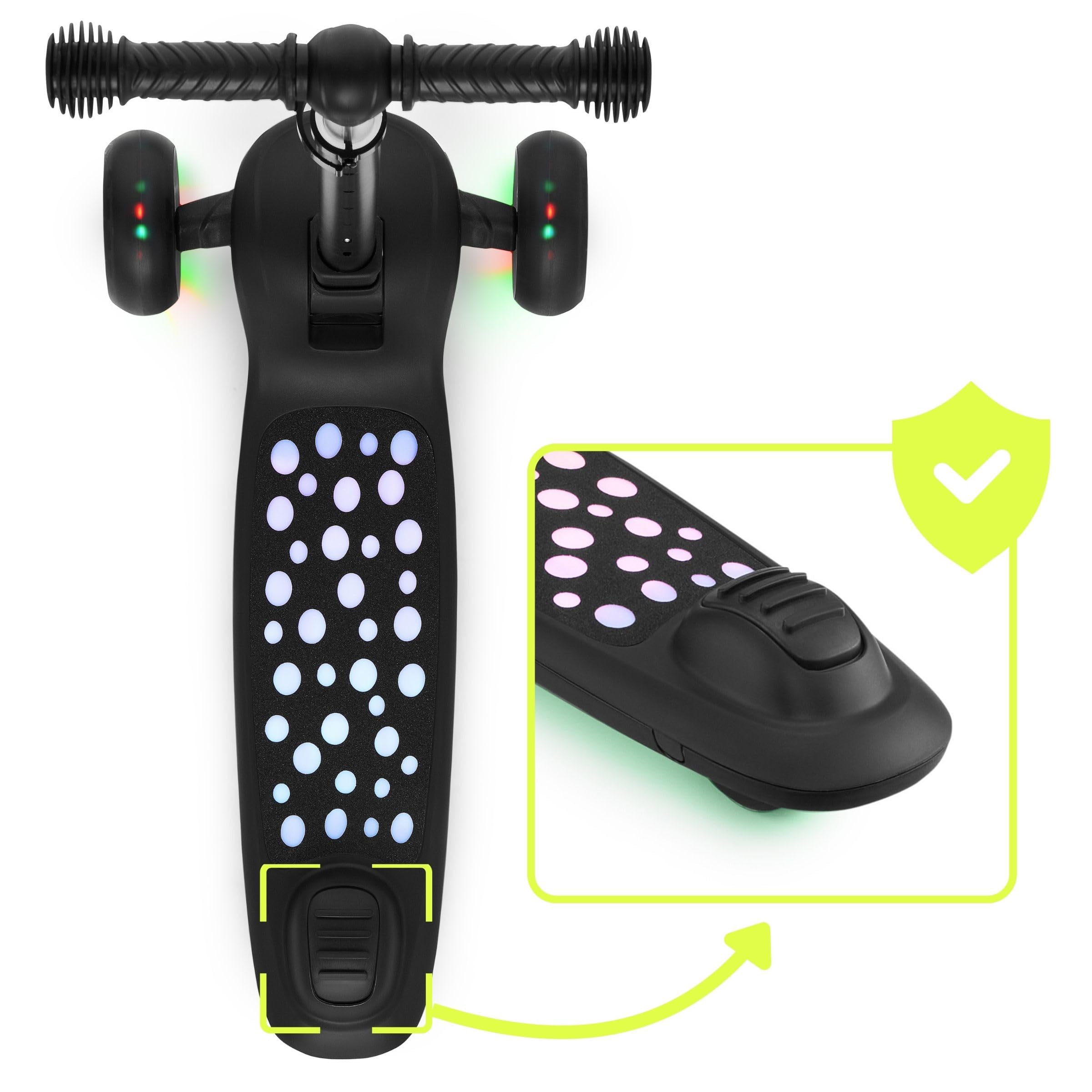 HyperMotion Patinete infantil con iluminación LED LUMI 3 en 1, asiento ajustable en altura, plegable, ruedas de poliuretano, manillar en T de hasta 50 kg, para niños a partir de 1 año