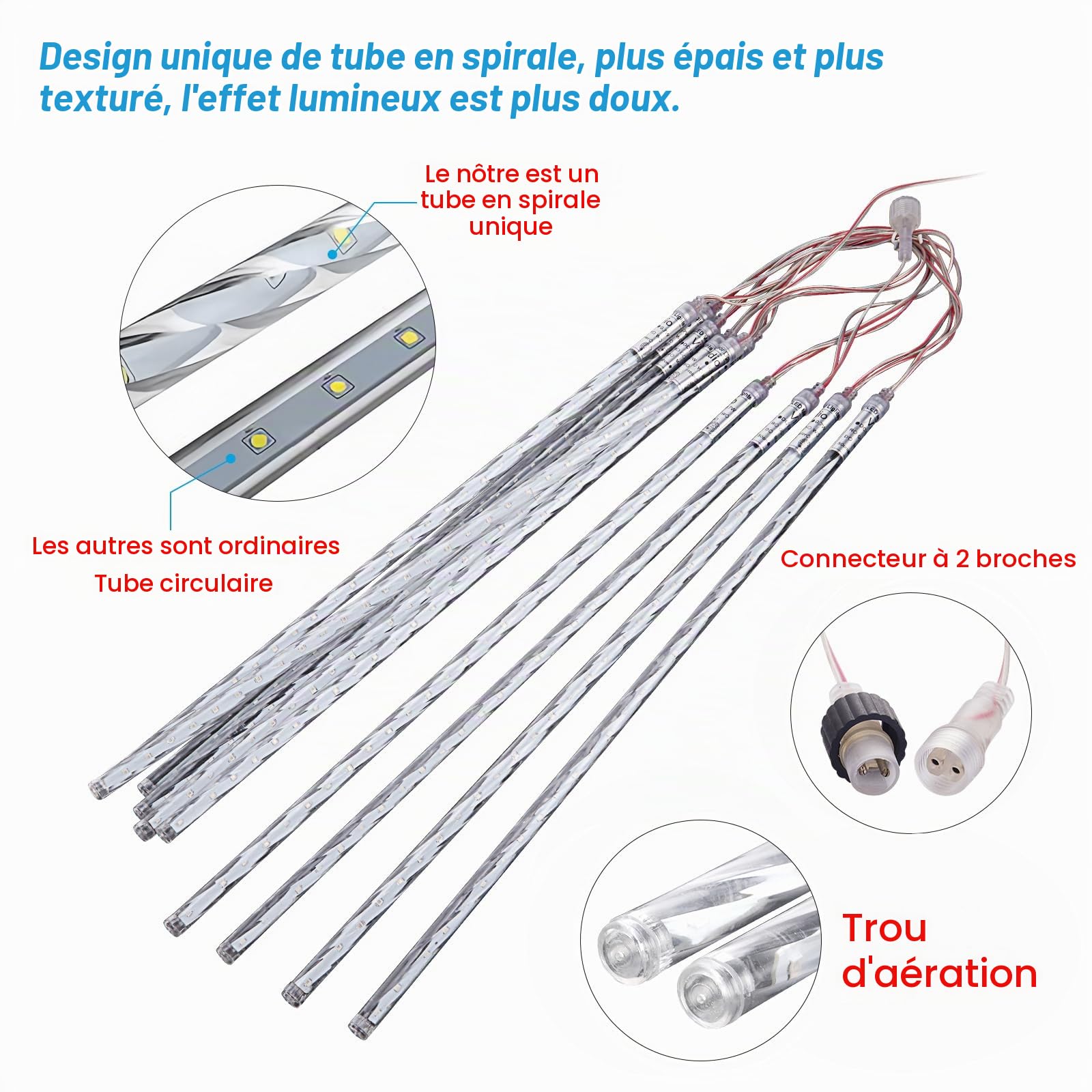Lumières de Noël extérieures, Lumières de pluie de météores avec 16 tubes spirales (30cm 480 LEDs) longueur 5,25m, Lampe à glaçons étanche pour la décoration de Noël en extérieur, Blanc