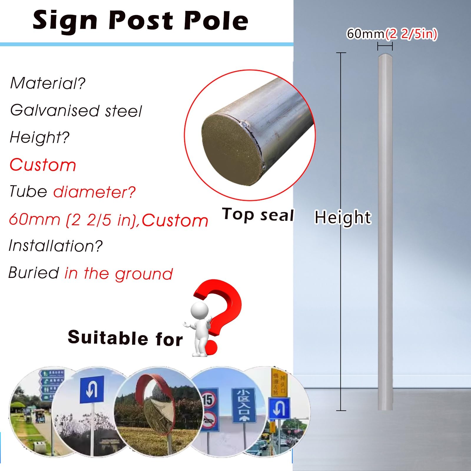 Poste de metal galvanizado para jardín, patio y uso inmobiliario, poste universal de montaje en tierra para parasol y letreros al aire libre