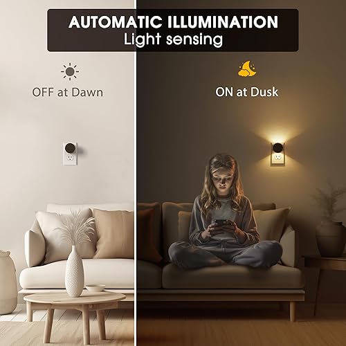 Miniatura 3 de Briignite Luces nocturnas enchufables a la pared, luz nocturna con sensor de atardecer a amanecer, brillo ajustable, blanco suave de 3000 K, luz