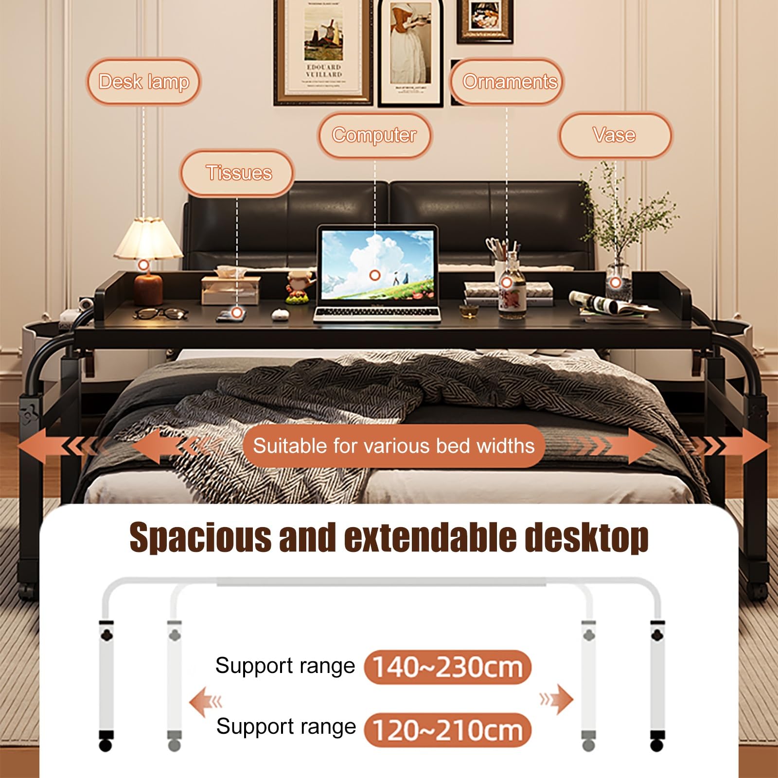 Table de lit réglable en Hauteur et en Largeur sur roulettes, Table médicale à roulettes avec déflecteur, pour Lit pour Bureau Hôpital Lecture(White,120 * 44cm/47 * 17in)