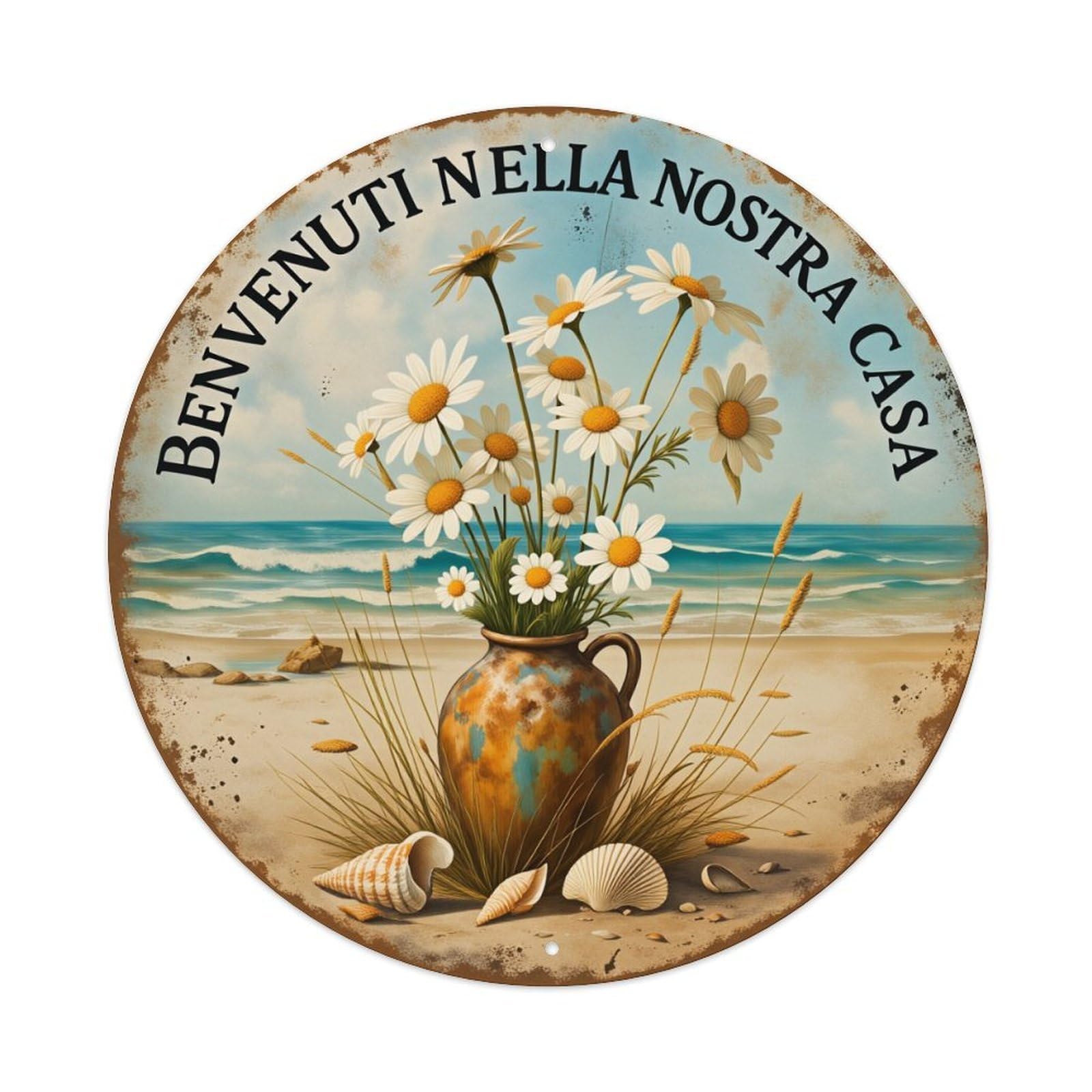 Beach Flowers Vase Shells Sky Round Tin Sign Vintage Metal Sign Home Bar Garden Indoor & Outdoor Wall Decor Retro Metal Poster 8x8 Inch