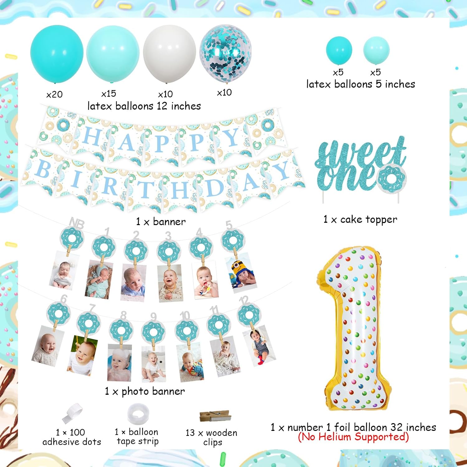 Sweet One Donut 1st Birthday Party Decorations for Boy - Blue Donut Balloon Arch Kit with Sweet One Happy Birthday Bunting Garland Donut Monthly Photo Banner, Cake Topper First Birthday Party Supplies