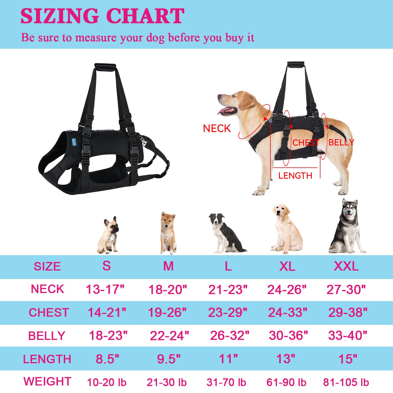Arnés de elevación para perros (S, negro)