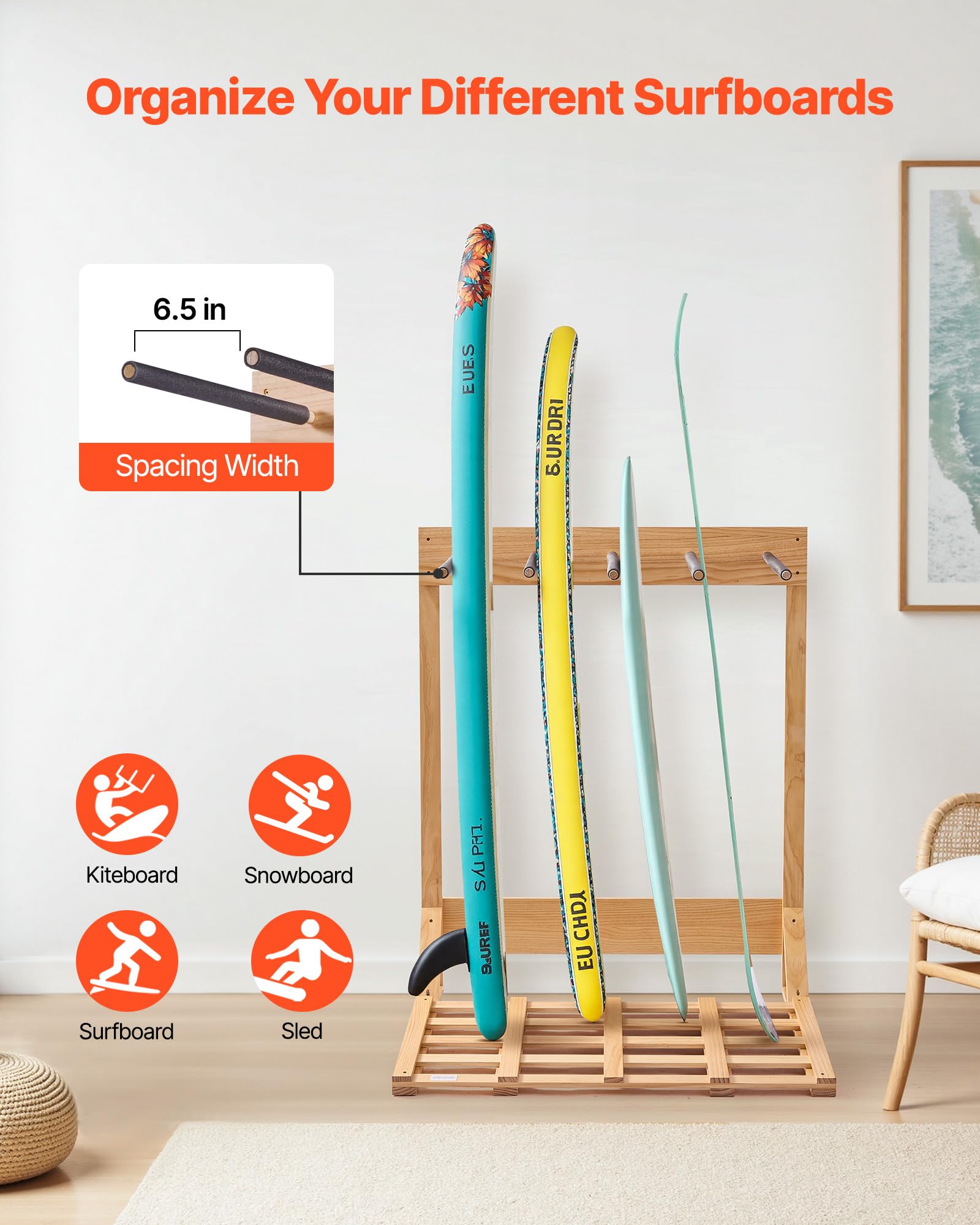 VEVOR Soporte Vertical para Tablas de Surf, Estante de Madera de 4 Niveles para Almacenamiento y Exhibición