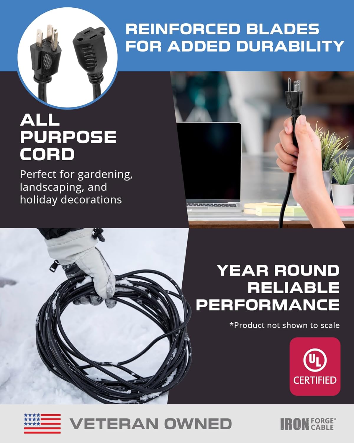 Iron Forge Cable 10 Pack 3 Ft Black Extension Cord, 16/3, 3 Foot Extension Cord, 3 Prong, Weatherproof - Great for Outside Use