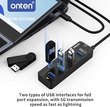 Onten USB C Hub,7 Ports USB Type-C HUB 3.2ft Cable 4*USB3.0 Ports,3*USB-C Ports forThunderbolt 3/4 MacBook Surface Pro and More Type-C Devices