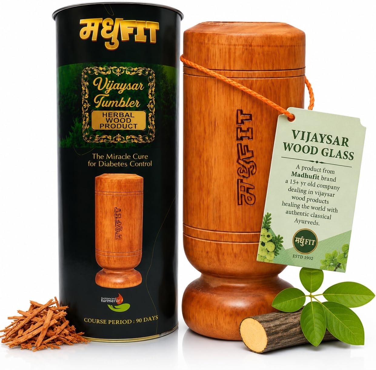 MADHUFIT Vijaysar Wooden Glass Tumbler for Diabetes & Blood Sugar Control | Ayurvedic Bija Tree Wooden Tumbler | Pterocarpus marsupium Herbal wood, Vijaysar ki lakdi ka glass