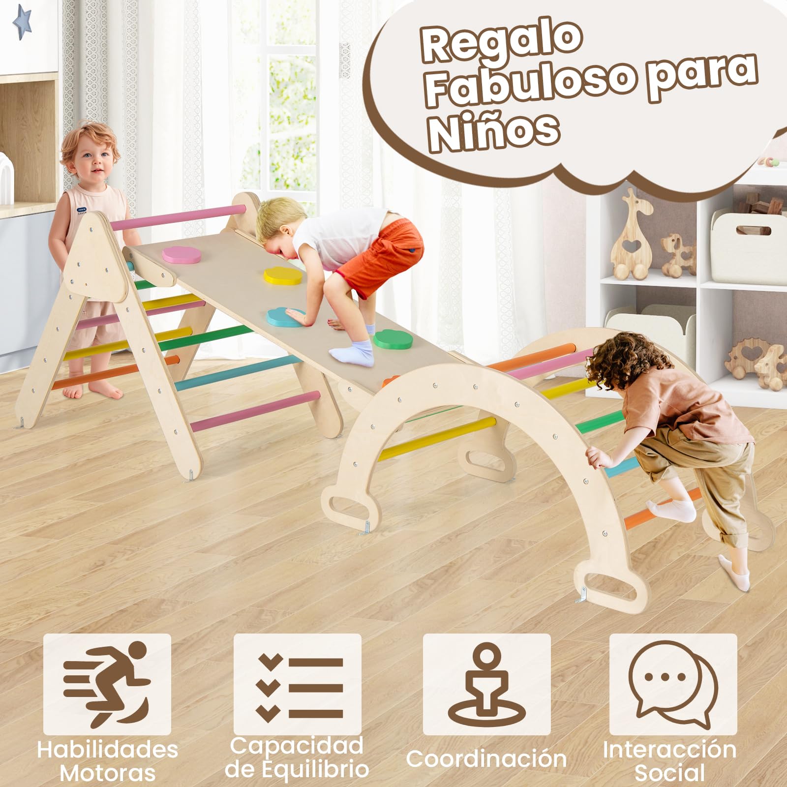 RELAX4LIFE 5 en 1 Triángulo de Escalada para Niños con Tobogán, Arco de Escalada, Escalera, Rampa Reversible, Juguetes Montessori de Madera de Haya para Niños de 1+ Años (Colorido)