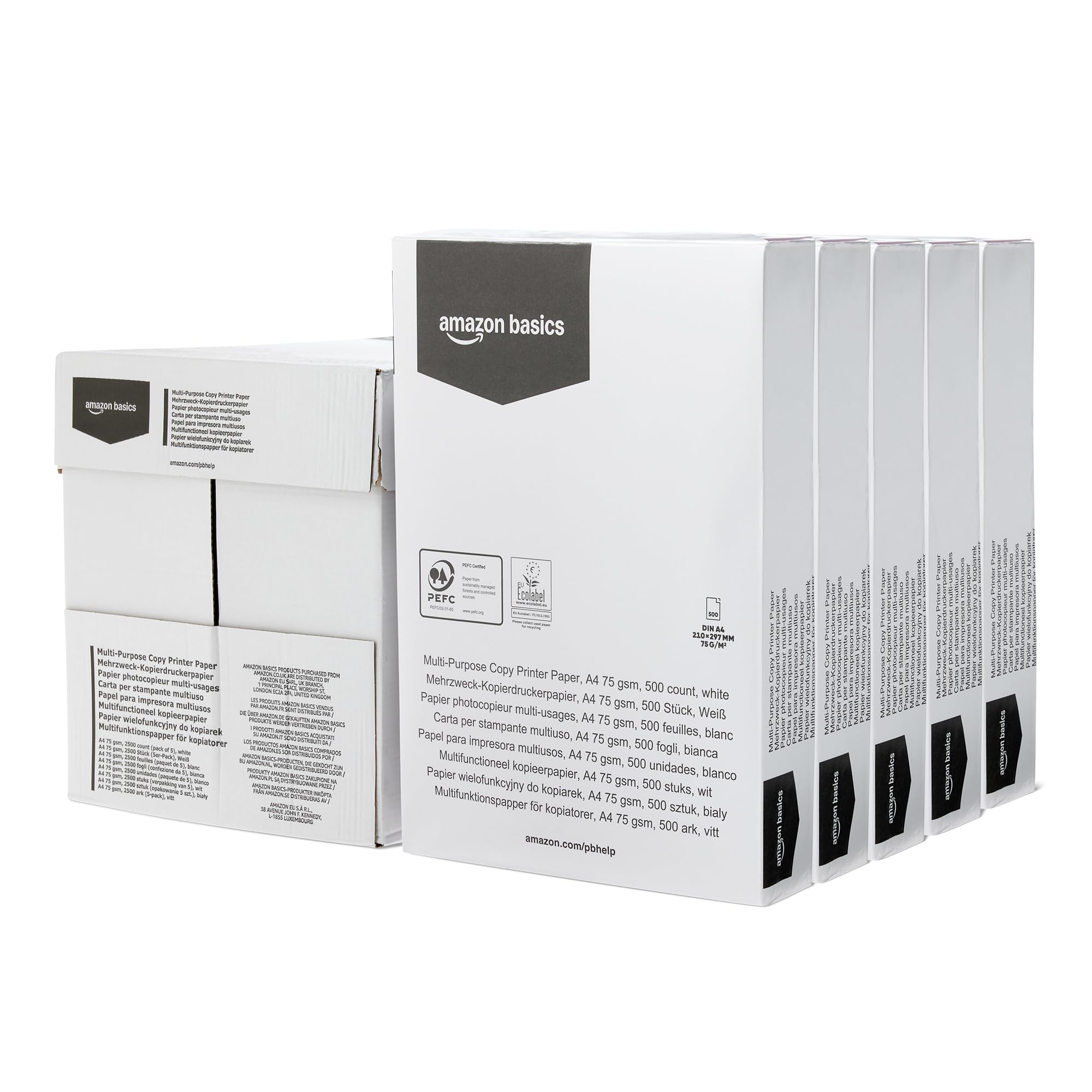 Amazon Basics Multi-Purpose Copy Printer Paper, A4 75 GSM, 2,500 Count (Pack of 5), White