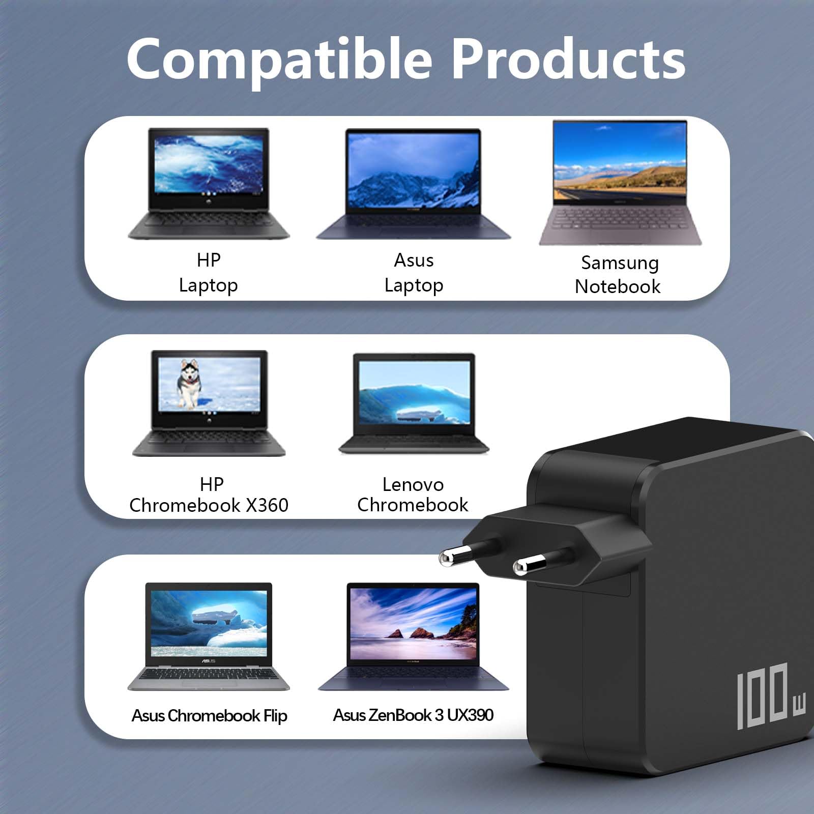 Hafiuege Caricabatterie 100W USB C – Alimentatore Universale per Notebook Compatibile con ASUS, HP, Lenovo, Acer, Samsung, Xiaomi, Huawei