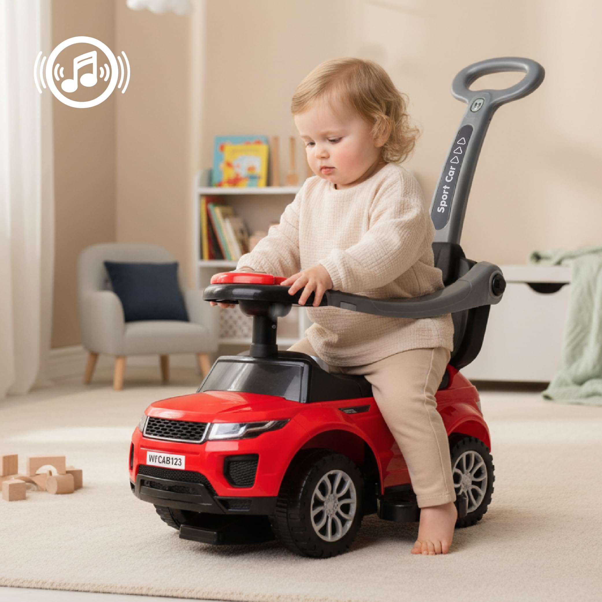 Auto a spinta per bambini 4in1, scivolo a partire da 1 anni, con clacson e musica, spazio per riporre i bagagli sotto il sedile (Rosso)