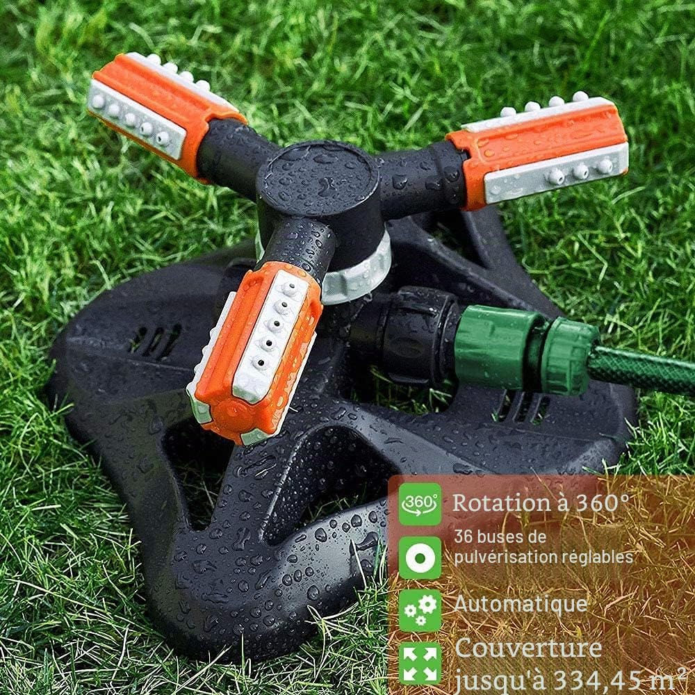 Arroseur de Jardin, Arrosage Automatique Arroseur, Arroseur de Pelouse Automatique Rotatif 360°, 3 Bras Arrosage Irrigation, Système d'Irrigation d’Arrosage, pour Gazon Jardin Pelouse