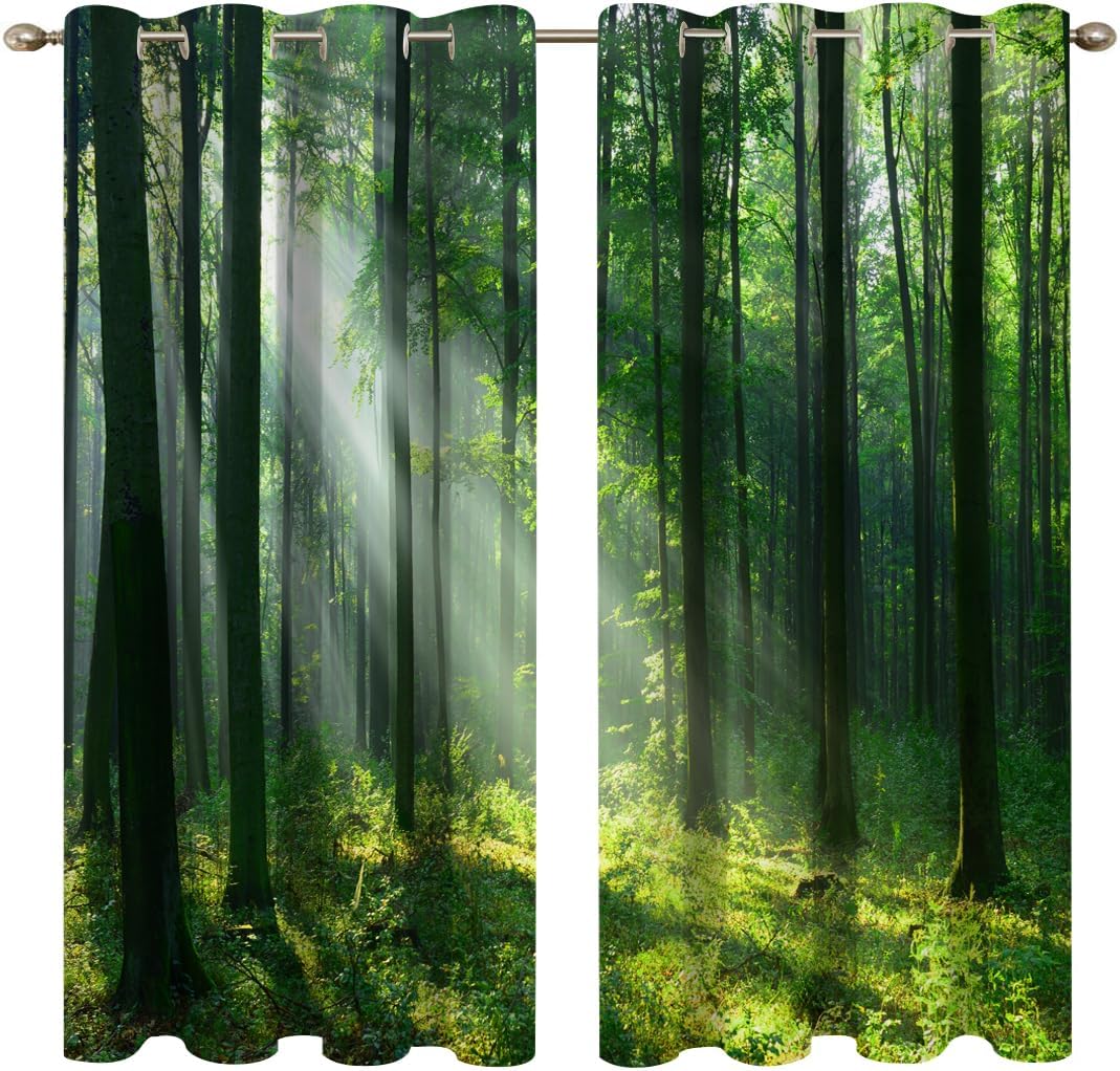 Forest Curtains, Green Trees Blackout Curtain Woodland Window Treatment Drapes for Living Room Bedroom Hotel,2 Panels, 52x84 inches