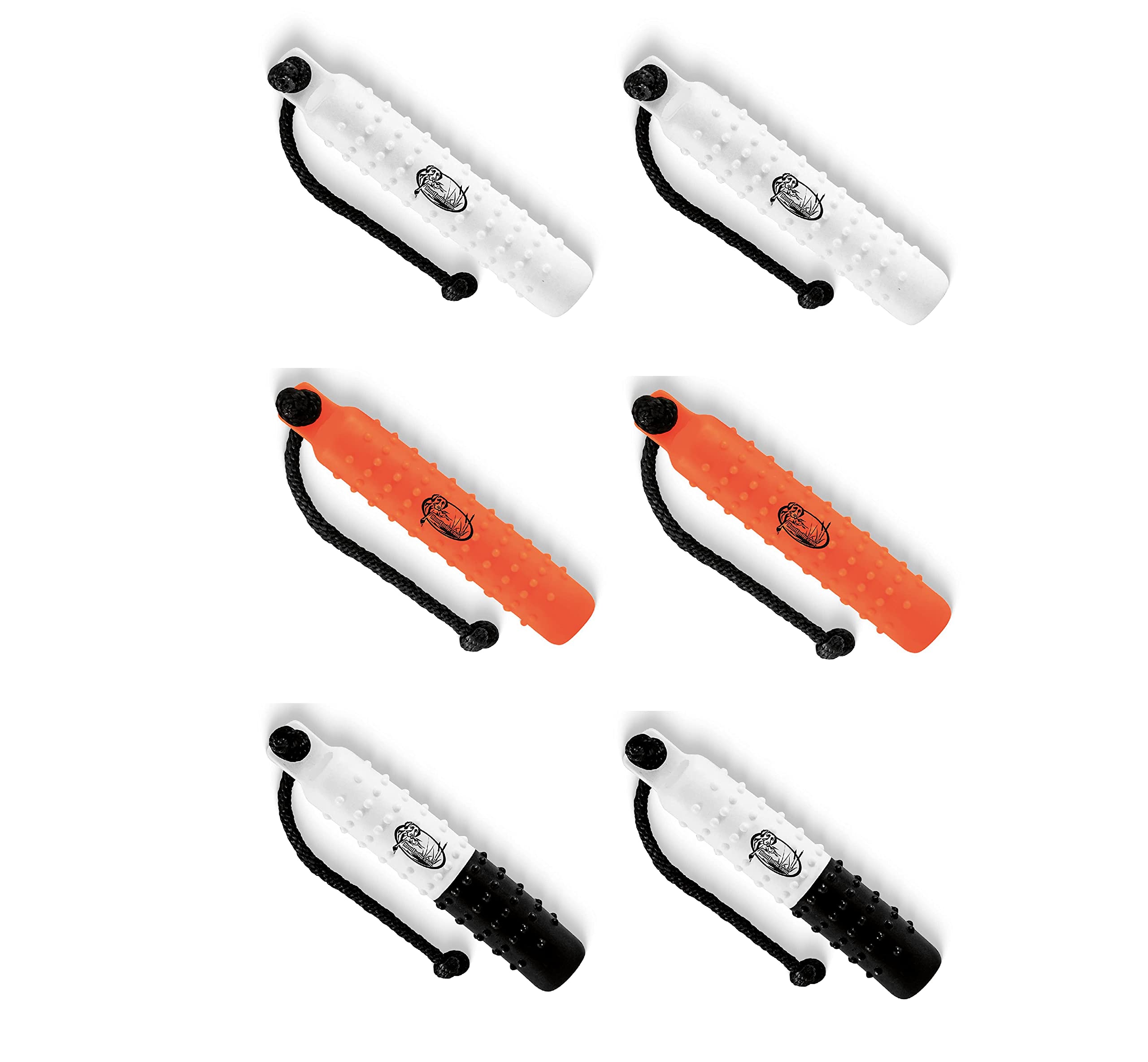 HuntEmUp Hunting Dog Training Tool Bumper Dummy Tri-Pack, Set of 6, White, Orange, and Dual Color Fowl, Dove, and Duck Fetch Toys with Soft Mouth Texture and Throw Ropes