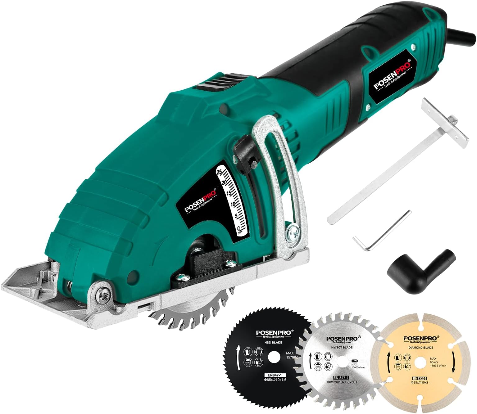 POSENPRO Mini Circular Saw, 700W 8200RPM Compact Circular Saw with 3 Saw Blades Cutting Depth 25mm, Ideal for Wood, Soft Metal, Tile And Plastic Cuts - PPMCS700