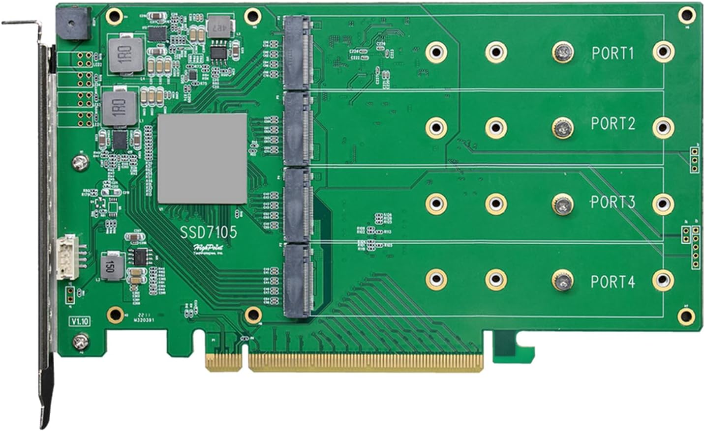 HighPoint 4-Port M.2 SSD7105 PCIe Gen3 Bootable NVMe RAID Controller for Windows & Linux Systems.