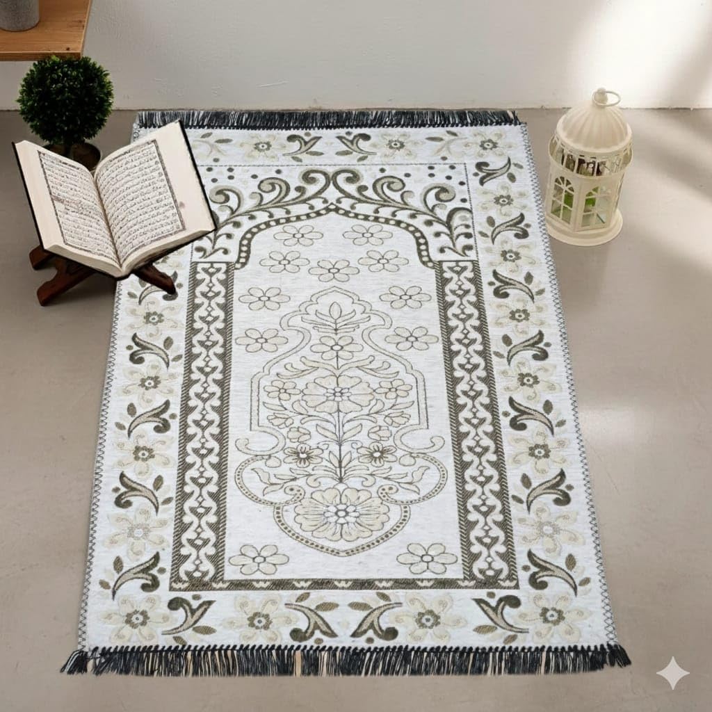 Premium Chenille Velvet Muslim Prayer Mat for Namaz 27X50 inches | Prayer Mat/Janamaz/Namaz Mat for Muslim/Arabic Meditation Mat/Janamaz for Namaz | Reactangular (White)-image-29
