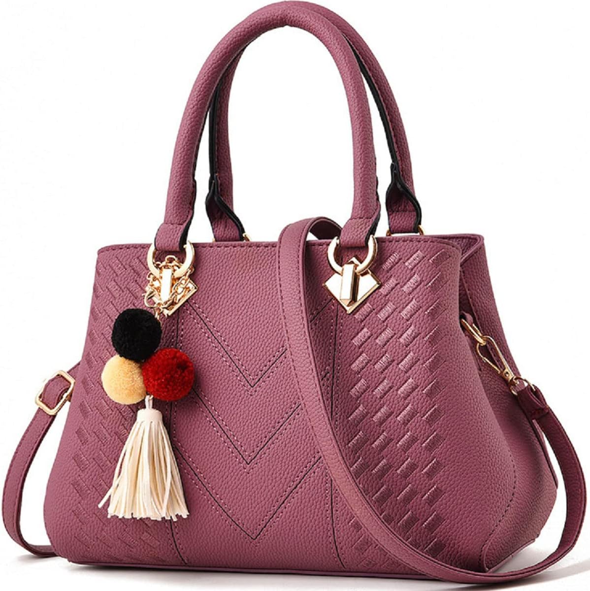 Womens Leather Handbags Purses Top-handle Totes Satchel Shoulder Bag for Ladies with Pompon and Tassel