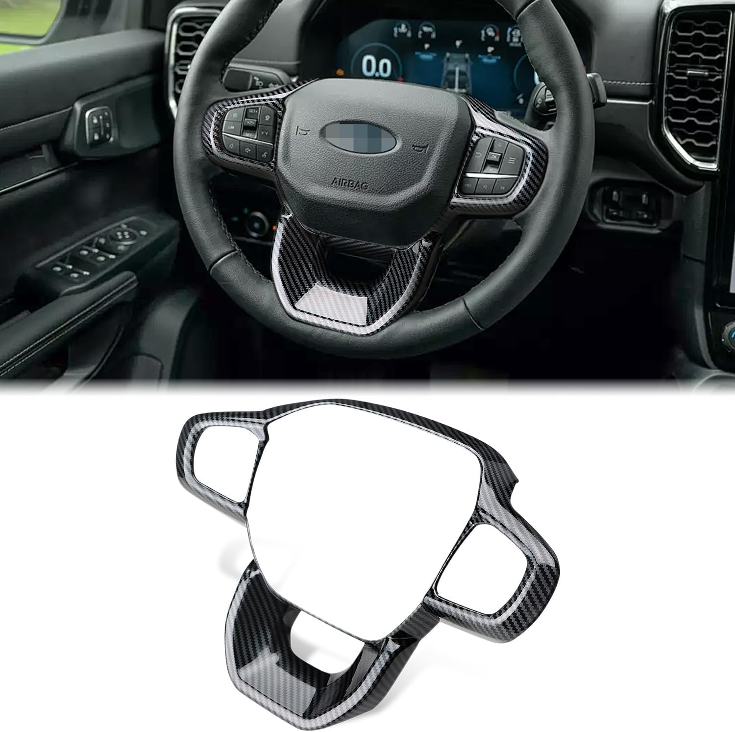 Auovo Steering Wheel Cover Trim Compatible with Ford Ranger Accessories 2024 2025 Carbon Fiber Steering Wheel Panel Frame Cover for 2024 Ranger XL XLT Lariat (Carbon Pattern)