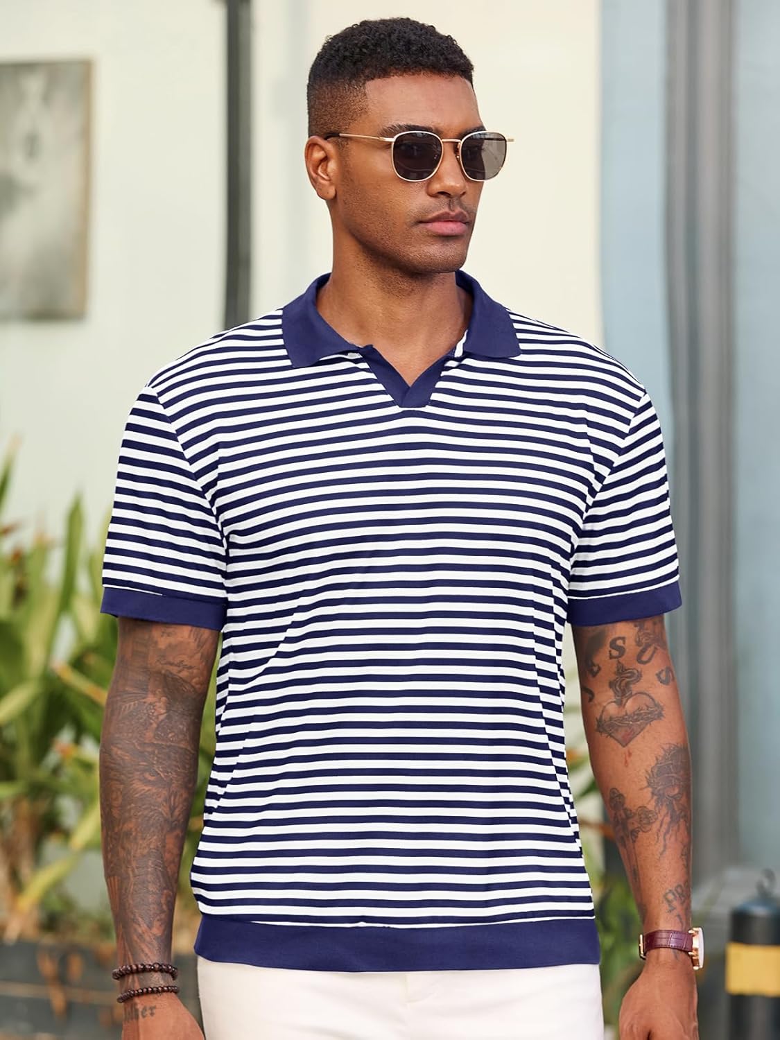 Runcati Mens Knit Polo Shirts Short Sleeve Striped V Neck Golf Shirt Classic Casual Summer Tops - Image 3