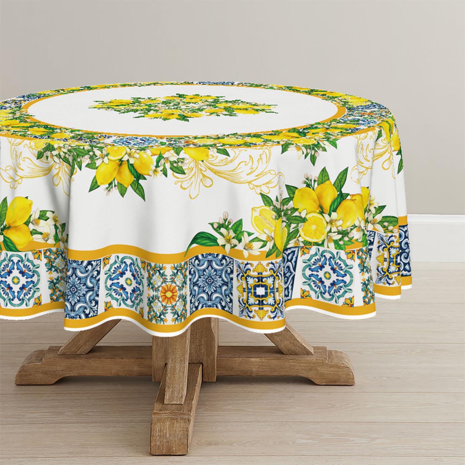 Photo 1 of Horaldaily Summer Tablecloth 70×70 Inch Round, White Yellow Lemon Vintage Pattern Washable Table Cover for Party Picnic Dinner Decor
