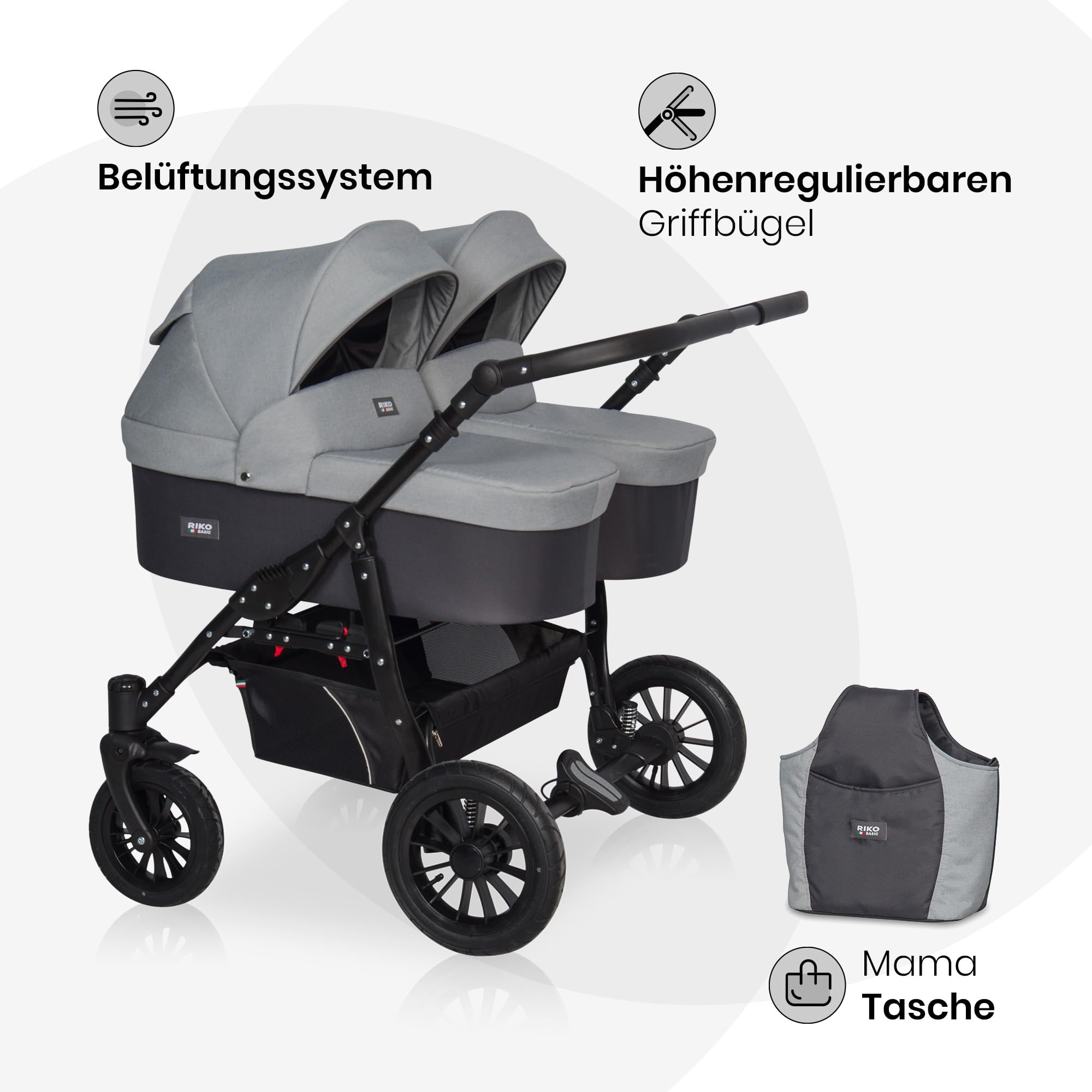 Riko Basic kinderwagen 2 in 1 SAXO für Zwillinge – 2 baby Gondeln – kinderwagen für 2 kinder – Ventilatoren und Verdeck – geräumiger Korb und Tasche – Zentralbremse – Onyx